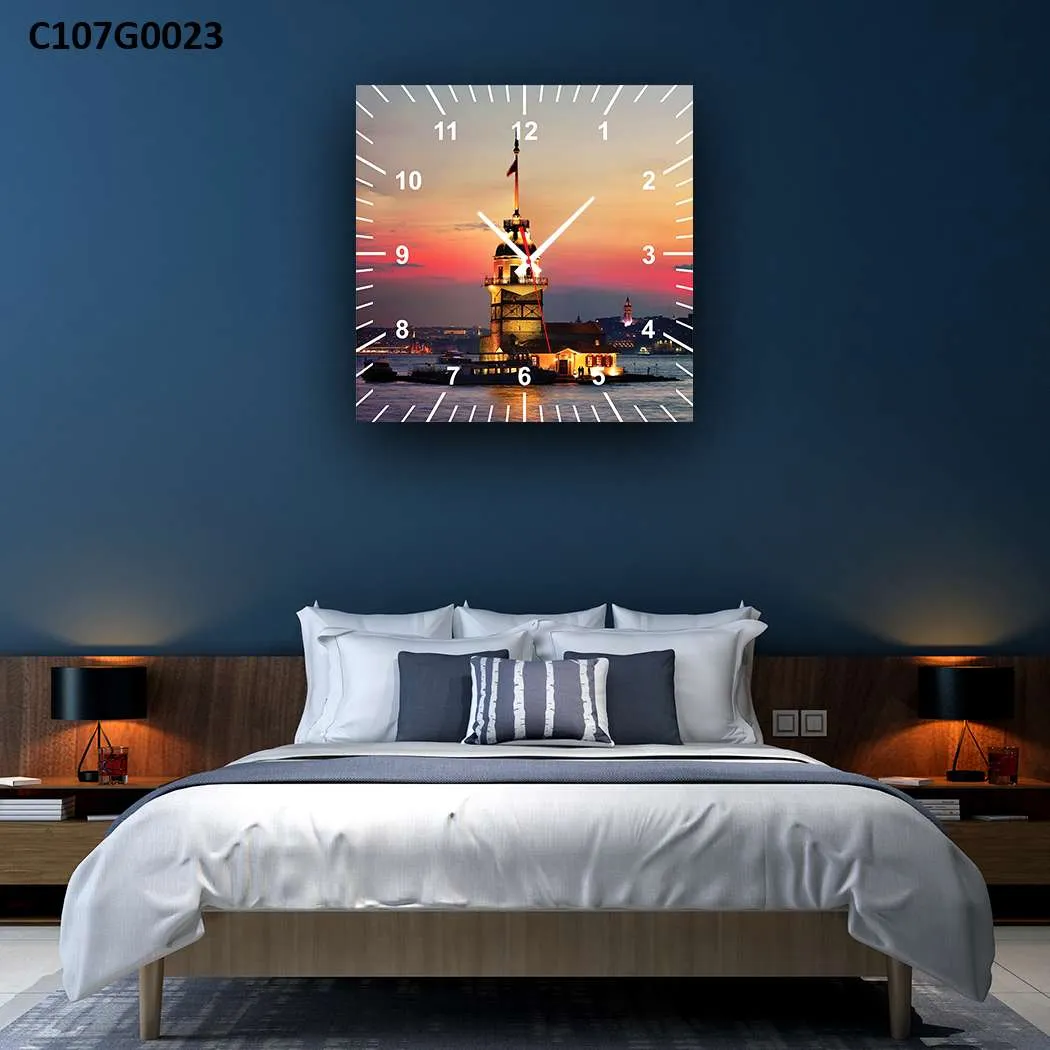 ساعة حائط برج الفتاة عند الغروب – لوحة فنية بإطلالة ساحرة على البوسفور