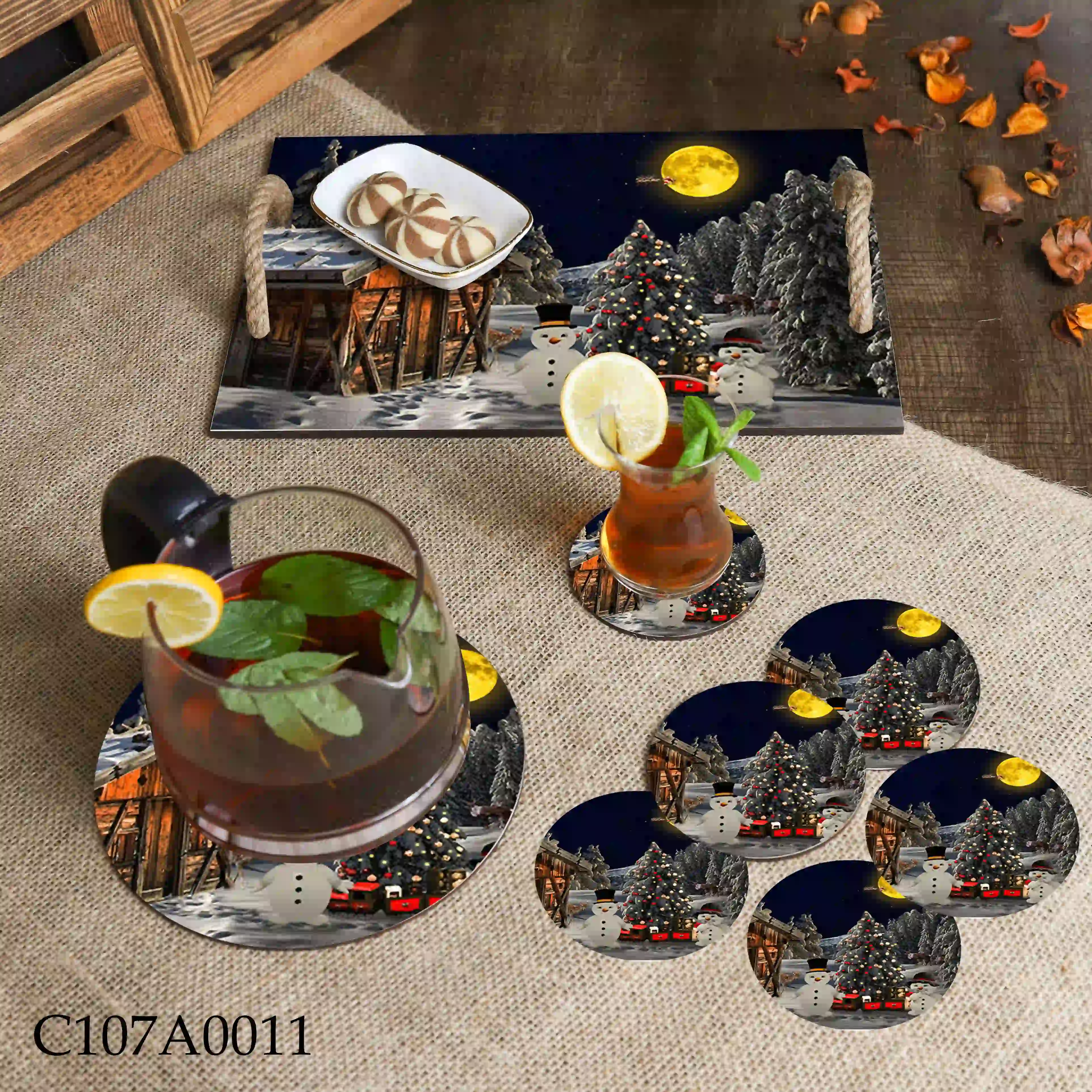 صينية مطبوعة كوخ الشتاء ورجل الثلج