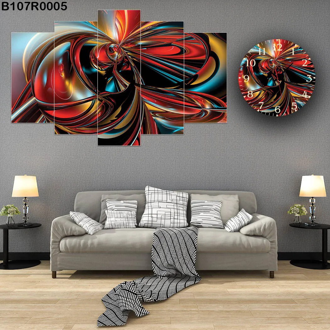 لوحة جدارية مع ساعة فن تجريدي ثلاثي الأبعاد لون أحمر