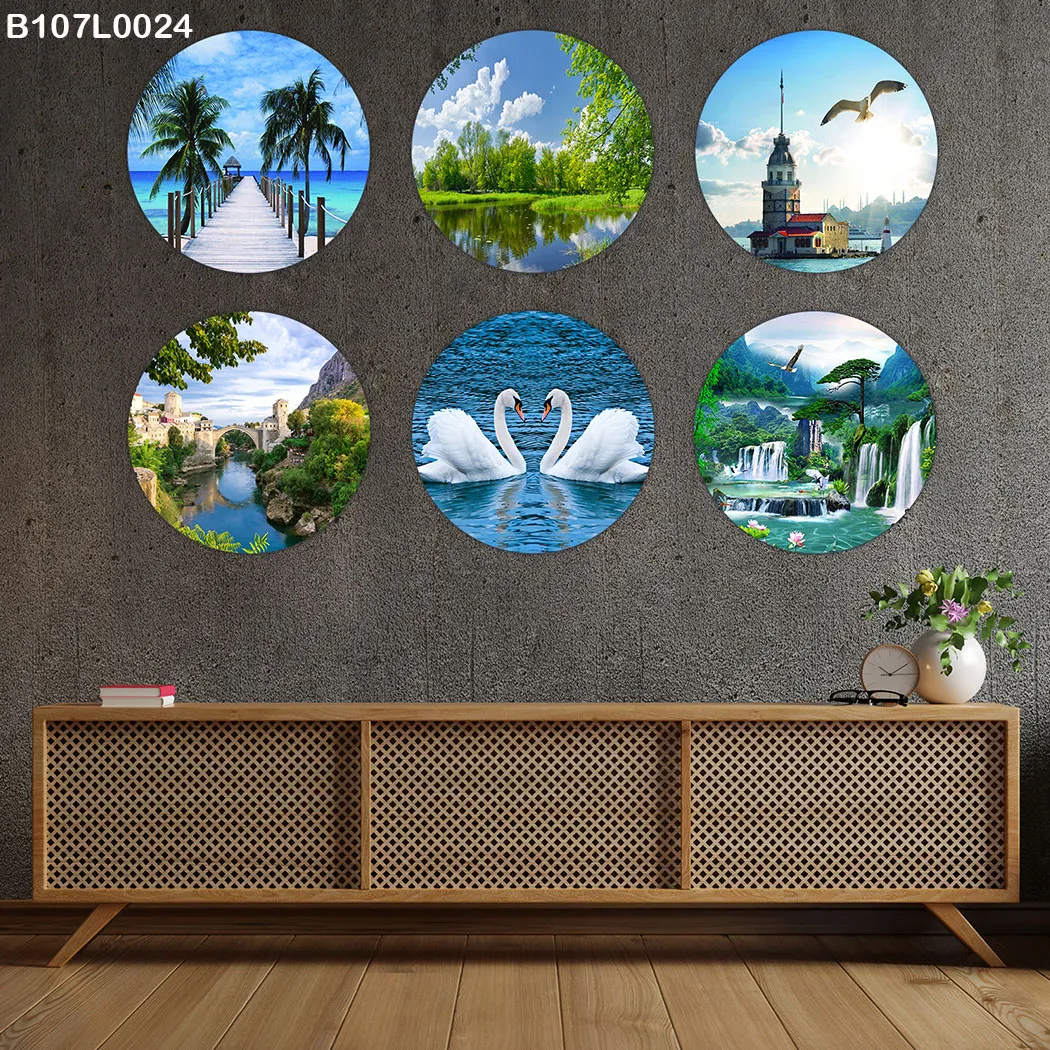 لوحة جدارية ست دوائر طبيعة وبجع وشلالات