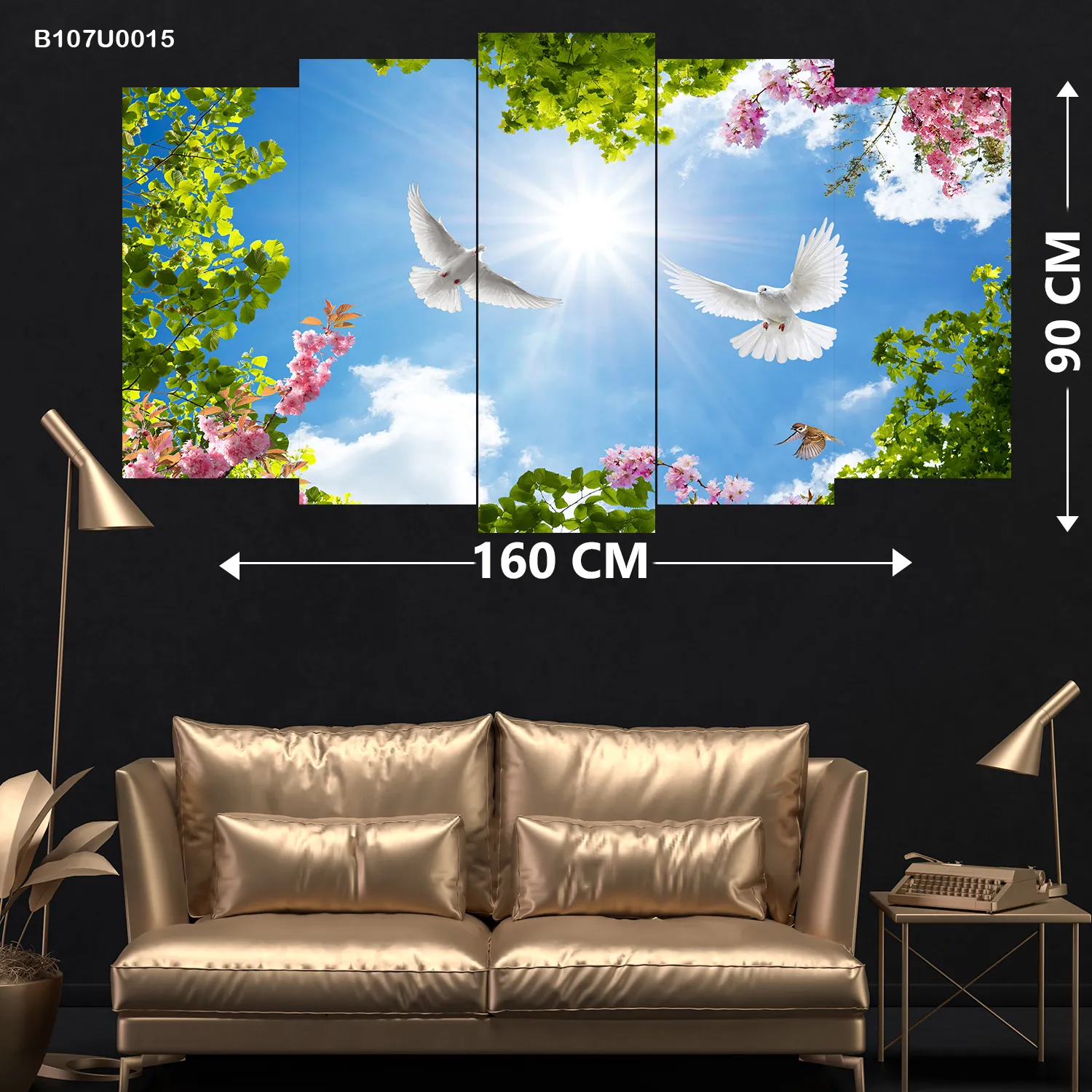 لوحة جدارية حمامتان في سماء مزهرة