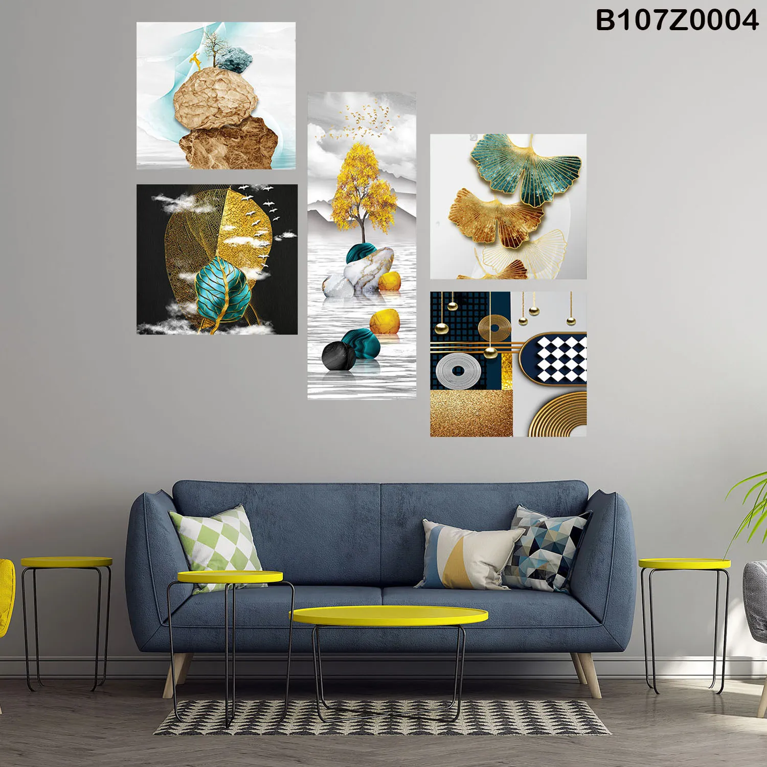 لوحة جدارية فن تجريدي بألوان ذهبية وزرقاء