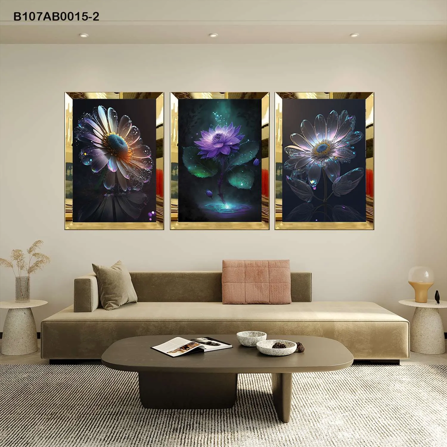 لوحات جدارية زهور مضيئة بتصميم فني إطار ذهبي