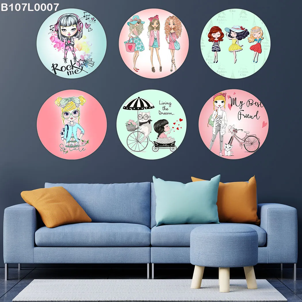 لوحة جدارية ست دوائر شخصيات بنات لطيفة