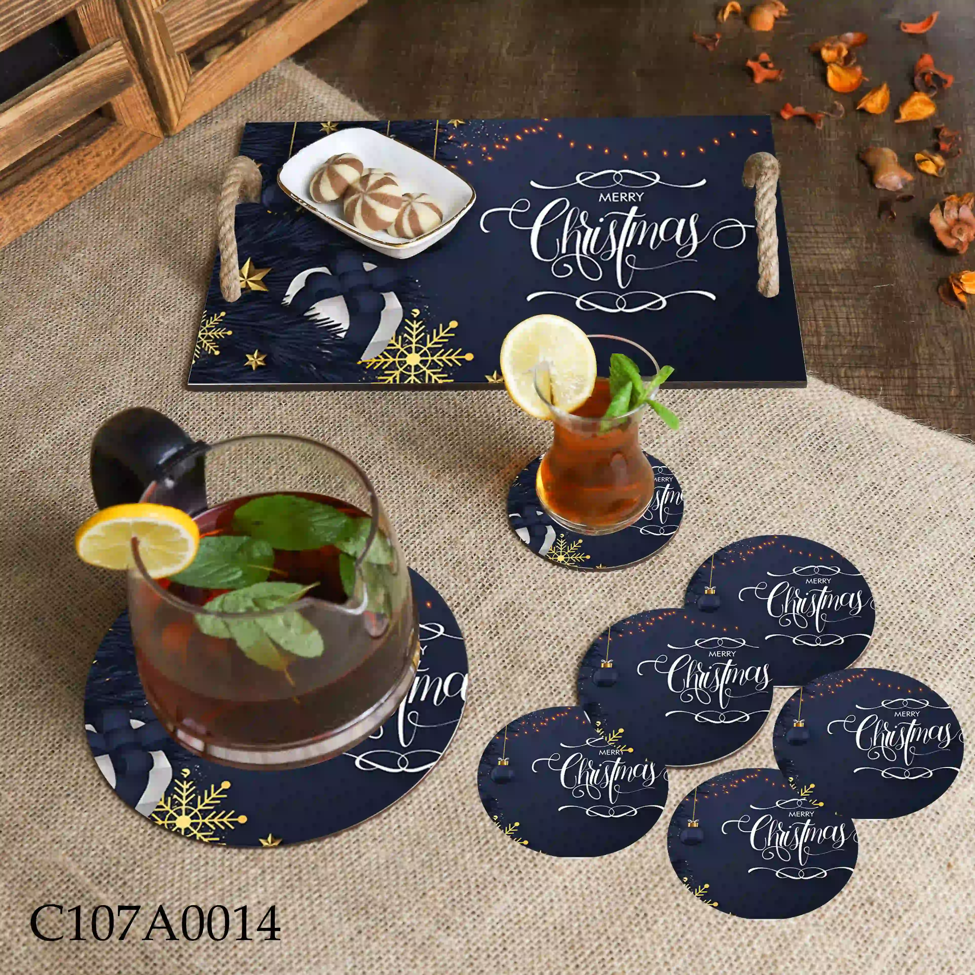 صينية مطبوعة زخرفة الكريسماس باللون الأزرق