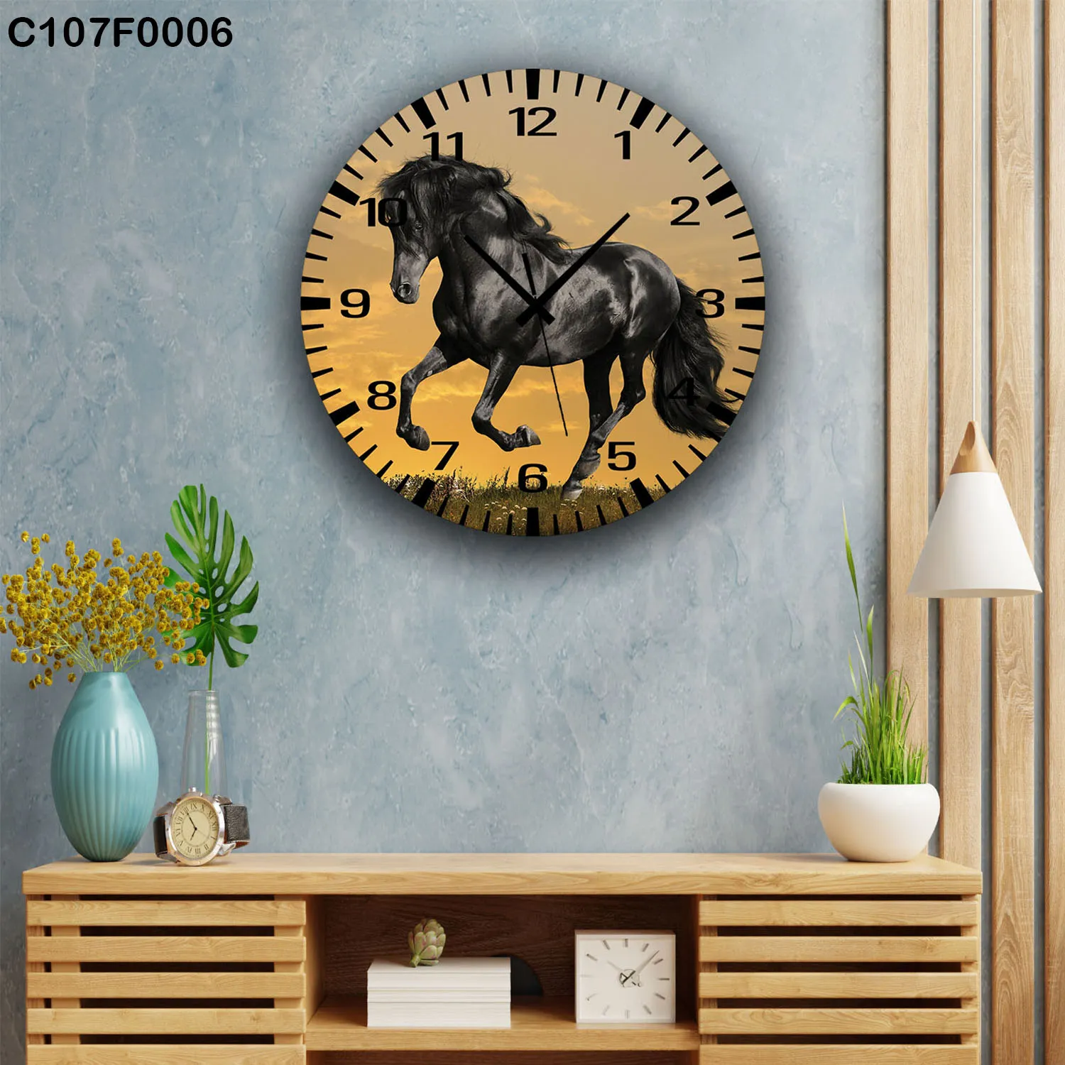 ساعة دائرية حصان أسود غروب الشمس