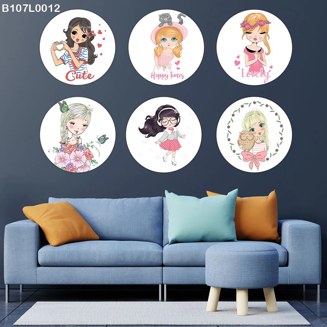 لوحة جدارية ست دوائر شخصيات فتيات ملونة