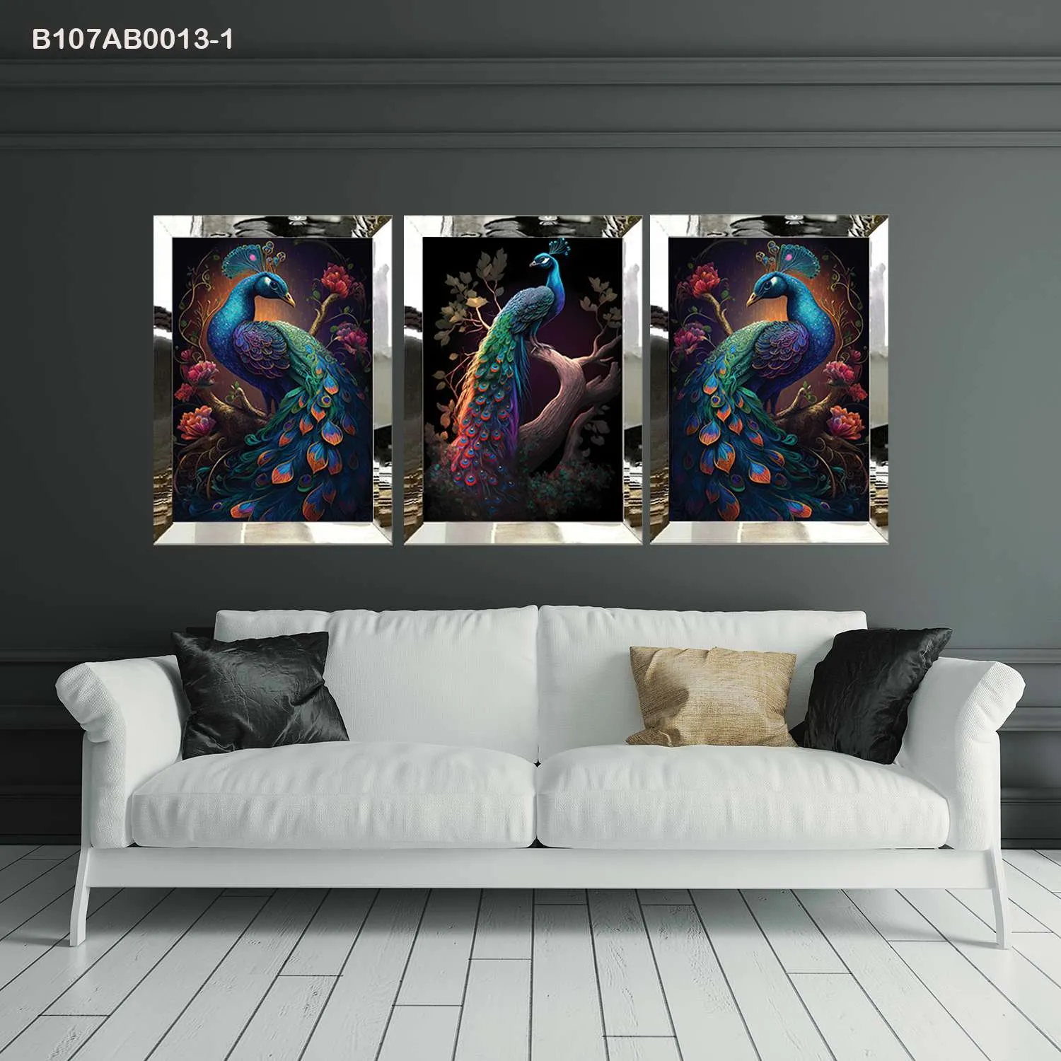 لوحات جدارية طيور الطاووس المزخرفة إطار فضي