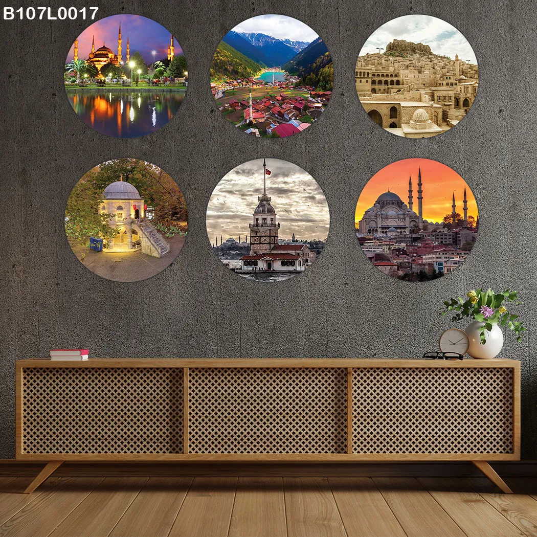 لوحة جدارية ست دوائر مناظر مدن ومعالم