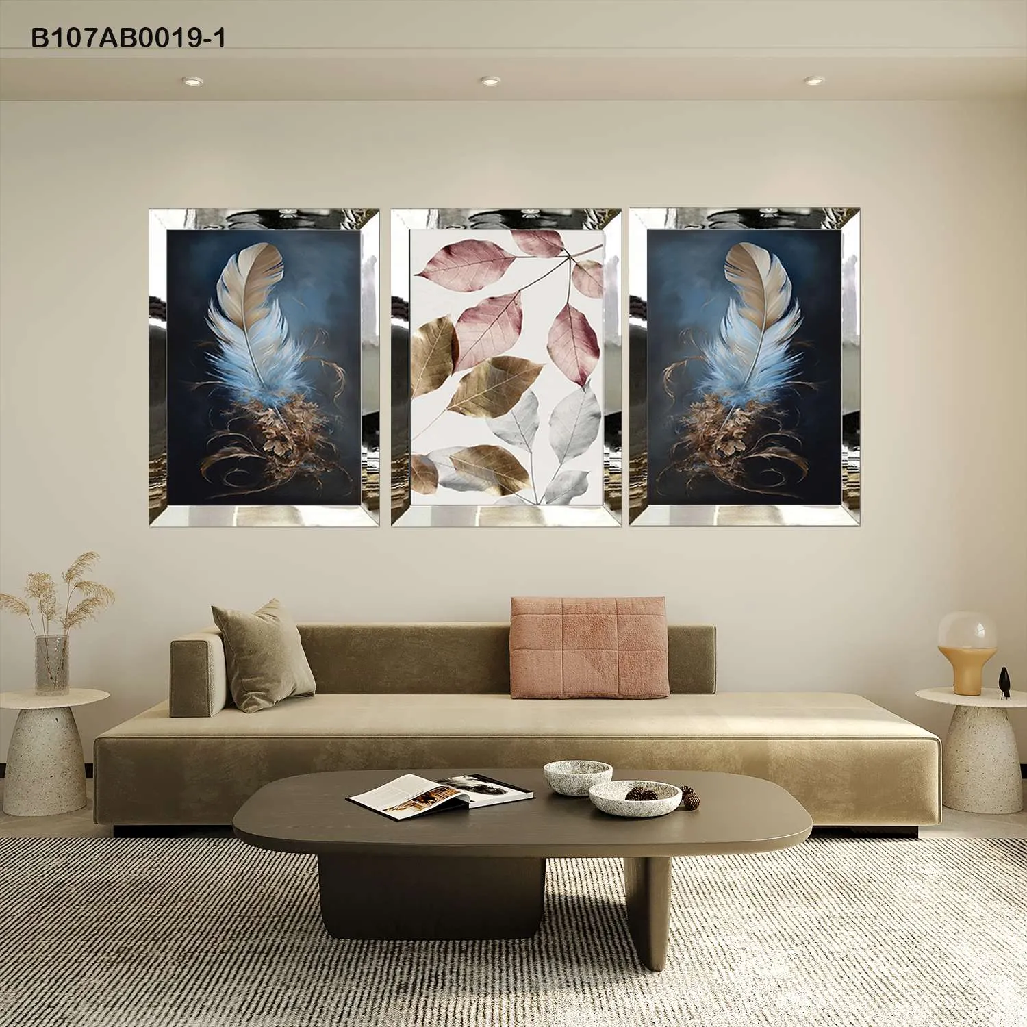 لوحات جدارية ريشة ناعمة وأوراق ملونة إطار فضي